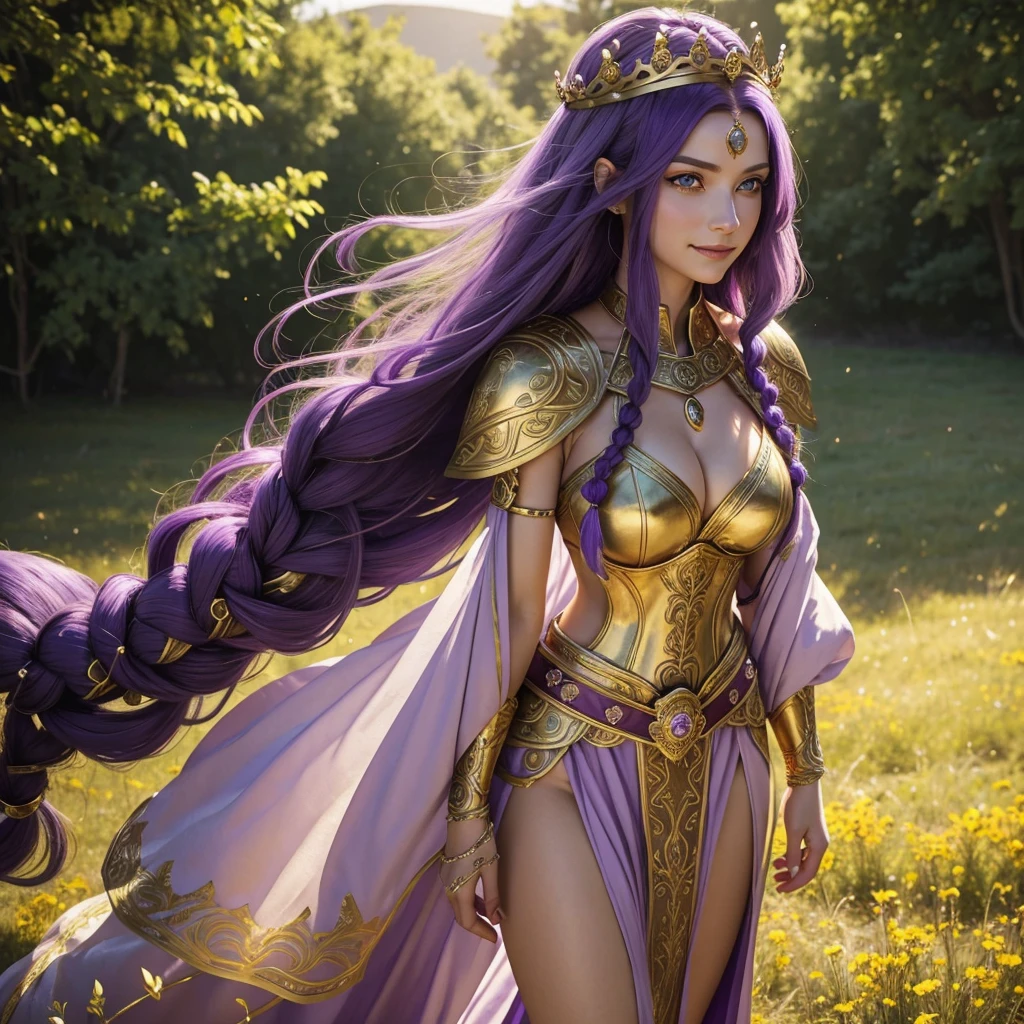 Beautiful Caucasian woman. Just a woman. Alone. One character. Queen. Medieval western woman. Long hair with 1 braid. Purple hair. Bright purple eyes. Warrior woman. Beautiful woman. Fit body. Round breasts. Breasts on display. She is wearing shiny gold armor with several purple details. On her head the woman has a delicate gold crown with purple jewels. The woman has a cheerful expression. Looking straight ahead. Full length portrait. She is standing in a large field during a sunny day. Dynamic light. Dynamic shadows.