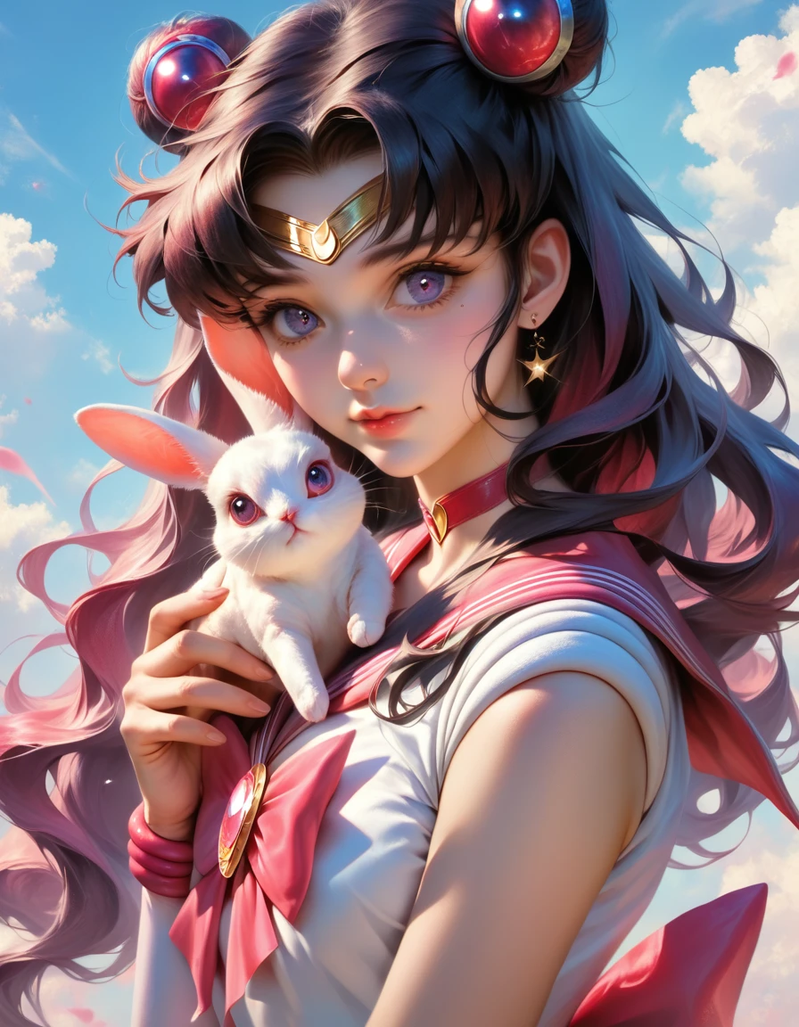 a beautiful young girl, 1girl, sailor moon cosplay, detailed facial features, beautiful detailed eyes, beautiful detailed lips, extremely detailed face and hair, long flowing hair, sailor moon uniform, holding a cute white rabbit, detailed background, detailed environment, (best quality,4k,8k,highres,masterpiece:1.2),ultra-detailed,(realistic,photorealistic,photo-realistic:1.37),digital painting,soft lighting,warm colors,vibrant colors,fantasy,magical girl,whimsical,cute,adorable,