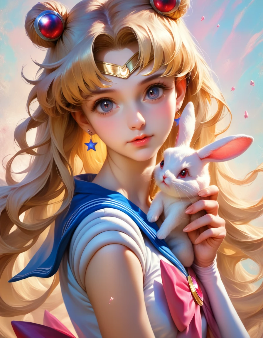 a beautiful young girl, 1girl, sailor moon cosplay, detailed facial features, beautiful detailed eyes, beautiful detailed lips, extremely detailed face and hair, long flowing hair, sailor moon uniform, holding a cute white rabbit, detailed background, detailed environment, (best quality,4k,8k,highres,masterpiece:1.2),ultra-detailed,(realistic,photorealistic,photo-realistic:1.37),digital painting,soft lighting,warm colors,vibrant colors,fantasy,magical girl,whimsical,cute,adorable, 