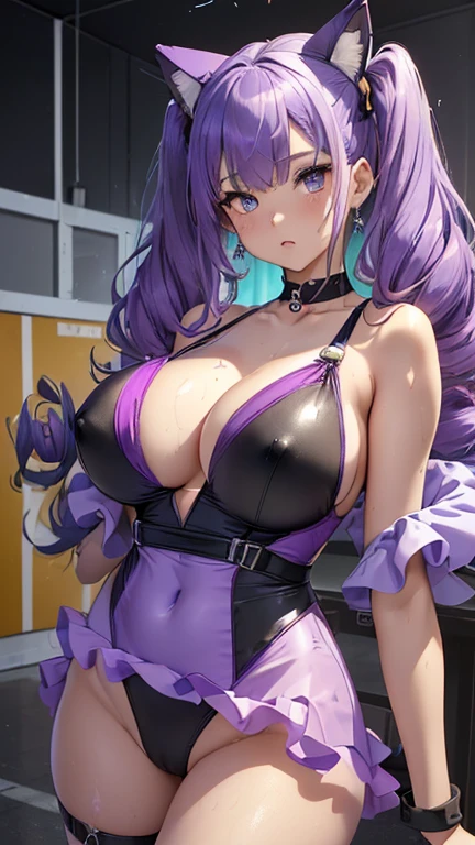 (Cat Ears:1-3).(Browsing Caution:1.9).(Sexy purple and gold one-piece swimsuit:1.8).(Cat ear:1.2).(Blue Ribbon:1.2).(Curly hair in twin tails:1.8).(to you:1.2).(vapor:1.3).(Ahegao:1.3).(Upper body only configuration:1.5).(how:1.5).(Browsing Caution:1.3).(Glowing Skin:1.8).(Wet Skin:1.4).(Huge breasts:1.9).(Nipples are visible:1.5).Show off your breasts:1.5).beautiful girl,最high quality、Best image quality、masterpiece、girl((18 year old top model、 By becoming、Best Bust、The tea that opened my heart、shining eye,((Heterochromia iridis, (右eye, blue colored 右eye iris)(左eye, gray purple colored 左eye iris), eye; Red and gray purple)), Pink metallic hair、Blue Hair Color, Silver smooth shiny top model hairstyle, Straight silk bangs, Cut in a straight line hair and bangs, Blunt bangs+Cut in a straight line, long and smooth hair、thin,Highest valley、black 、Shiny pink short skirt、shoulder jewelry ,Diamond Earrings、Wristband、black gloves)),high quality、Beautiful art、background((School Area))、Flight、flying debris、Written boundary depth、movie、Visual Arts、Perfect art、8k,Genuine、Dynamic Performance