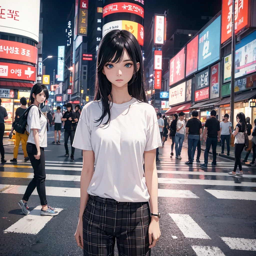 woman, 1 person, Wear a white t-shirt, Plaid trousers, black hair, blue eyes, Standing in the middle of a 4-way intersection, Central Seoul, Korea, night time, best quality