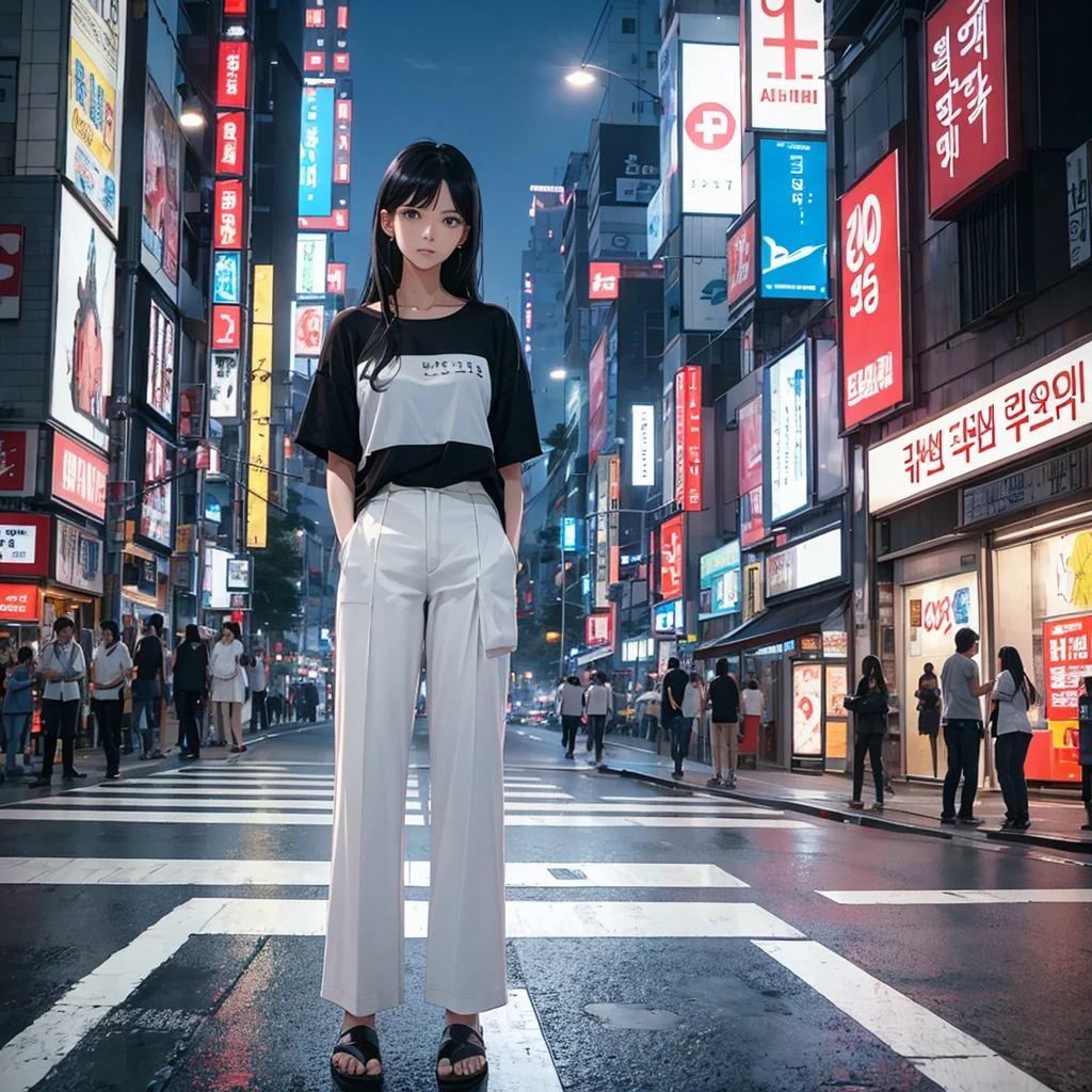 woman, 1 person, Wear a white t-shirt, Plaid trousers, black hair, blue eyes, Standing in the middle of a 4-way intersection, Central Seoul, Korea, night time, best quality