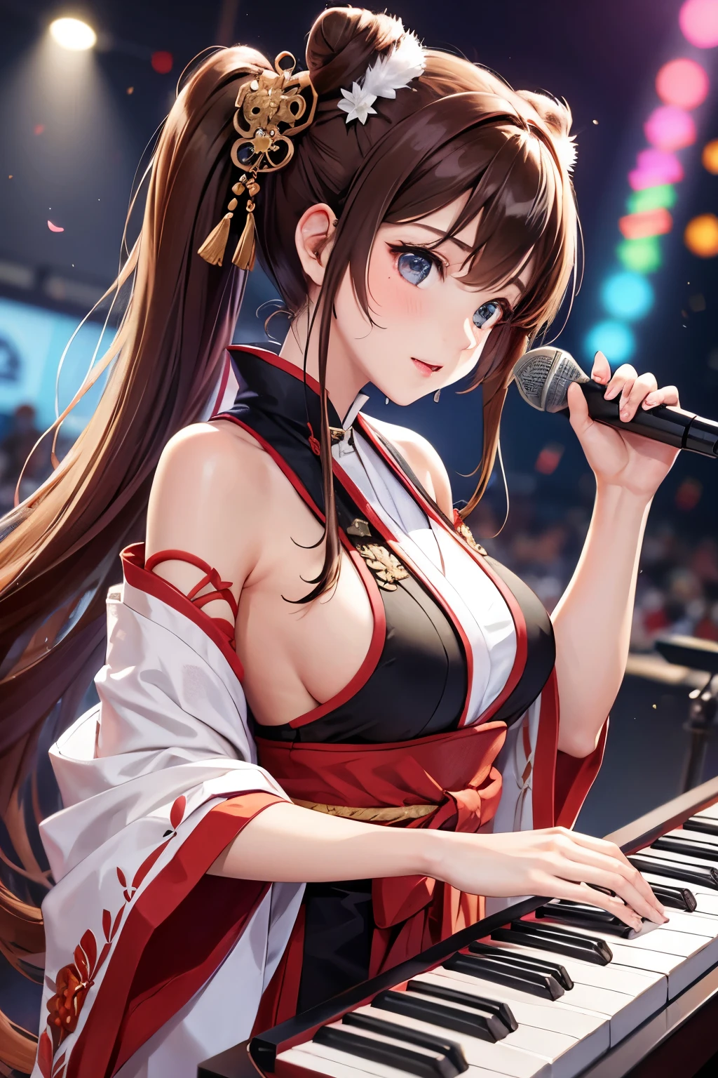 Top quality, ample limbs, perfect fingers, slender beauty, twin-tailed bun hairstyle, brown hair, Deresute, A costume of haori and hakama with a flashy pattern,Band instrumentskeyboard, beautiful large breasts, live stage, Playing Band InstrumentsKeyboard