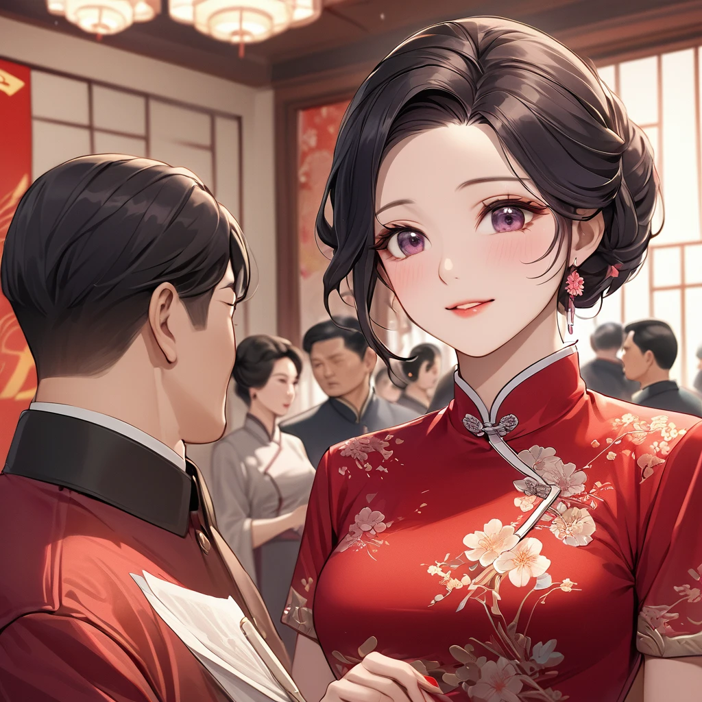 ((Highest quality)), ((masterpiece)), (detailed), (Perfect Face)、The woman is a Chinese woman named Kocho Shinobu.。, Purple gradient bob black hair and formal evening hairstyles. She is wearing an engagement ring. She is a prominent member of the Chinese Communist Party.、She is the honored wife of a great old Communist Party cadre.、The woman is beautifully dressed in a gorgeous and glamorous vintage red cheongsam, typical of the Chinese Communist Party.、An elegant Chinese lady in a posh room、A woman is a wonderful Chinese lady who loves and devotes herself to her husband, a good wife and mother, and the supreme joy of serving her husband and China is the absolutism of the Chinese Communist Party.、She has a large family with many children born to her beloved husband, a Communist Party member.