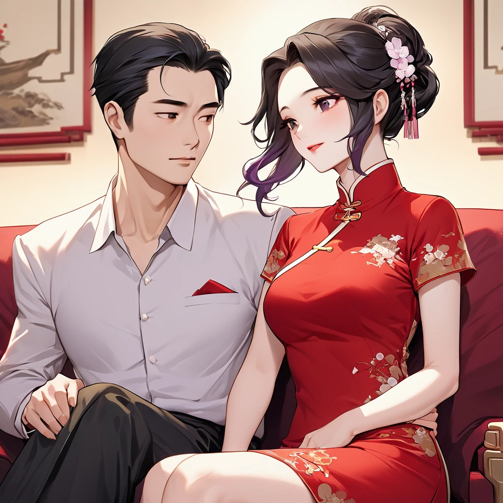 ((Highest quality)), ((masterpiece)), (detailed), （Perfect Face）、The woman is a Chinese woman named Kocho Shinobu.。, Purple gradient bob black hair and formal evening hairstyles. She is wearing an engagement ring. She is a prominent member of the Chinese Communist Party.、She is the honored wife of a great old Communist Party cadre.、The woman is beautifully dressed in a gorgeous and glamorous vintage red cheongsam, typical of the Chinese Communist Party.、An elegant Chinese lady in a posh room、A woman is a wonderful Chinese lady who loves and devotes herself to her husband, a good wife and mother, and the supreme joy of serving her husband and China is the absolutism of the Chinese Communist Party.、She has a large family with many children born to her beloved husband, a Communist Party member.