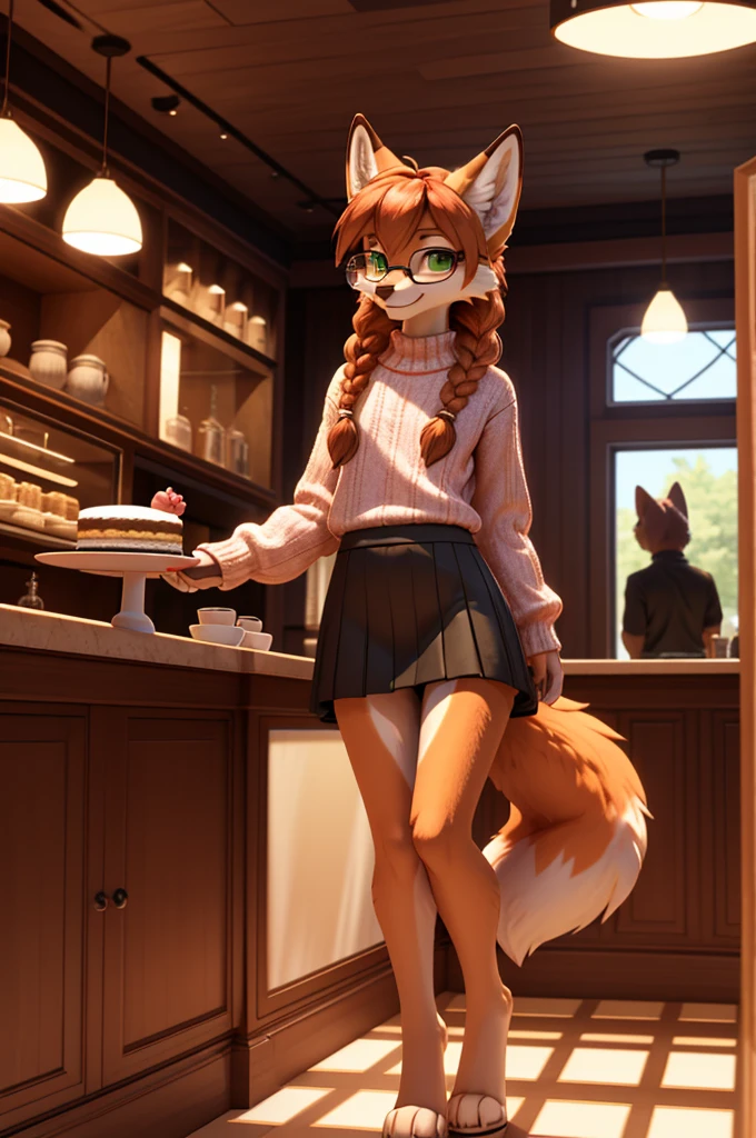 **Prompt:** A beautiful, (masterpiece), high quality, perfect lighting, highly detailed CG Unity 8k wallpaper, high resolution, perfect lighting, youthful, adolescent, tall, slim, skinny, frail slender figure, slim legs, distinctly feminine figure, narrow hips, long legs, close-up shot Youthful, adolescent, tall, slim, narrow hips, anthro fox character, feminine figure, 3D CAD Model Style, thick, fluffy, volumetric fur, bright orange fur with white accents, green eyes, long braided auburn hair, wearing a stylish fitted crop sweater and silky tube skirt, pink lace panties, upskirt, voyeur, fluffy thighs and calves, standing at a café counter, holding a slice of cake, tail curled slightly, pleasant smile, silver glasses perched on her nose, soft café lighting, vibrant pastries displayed