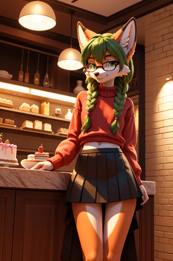 **Prompt:** A beautiful, (masterpiece), high quality, perfect lighting, highly detailed CG Unity 8k wallpaper, high resolution, perfect lighting, youthful, adolescent, tall, slim, skinny, frail slender figure, slim legs, distinctly feminine figure, narrow hips, long legs, close-up shot Youthful, adolescent, tall, slim, narrow hips, anthro fox character, feminine figure, 3D CAD Model Style, thick, fluffy, volumetric fur, bright orange fur with white accents, green eyes, long braided auburn hair, wearing a stylish fitted crop sweater and silky tube skirt, pink lace panties, upskirt, voyeur, fluffy thighs and calves, standing at a café counter, holding a slice of cake, tail curled slightly, pleasant smile, silver glasses perched on her nose, soft café lighting, vibrant pastries displayed