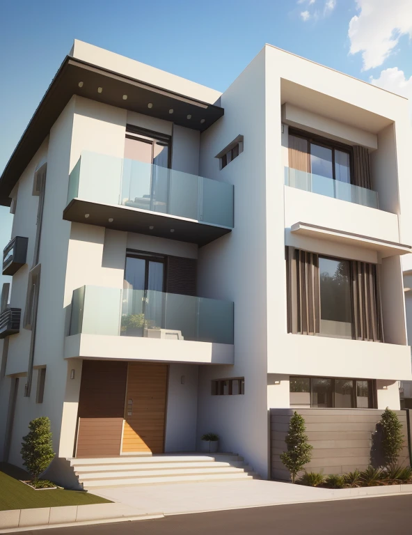 a rendering of a modern house with a balcony and a balcony, inter dimensional villa, complete house, exterior design, frontview, 3 d render n - 9, front elevation view, orthographic 3d rendering, 3 d vray render, three - quarter view, residential, residential design, single building, three quarter view, concept house, vue 3d render