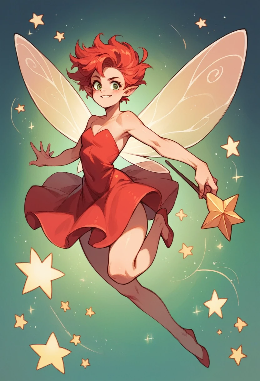 Fairy, red dress, chestnut hair, wand