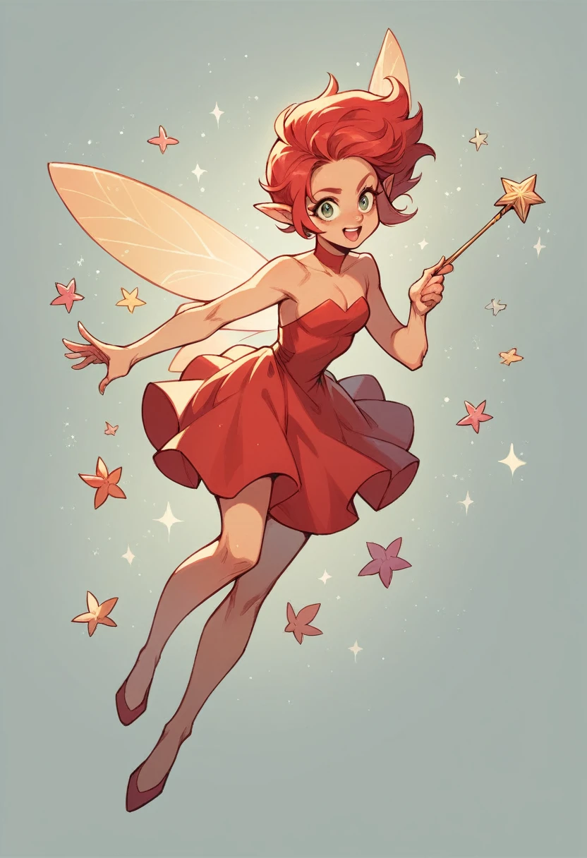 Fairy, red dress, chestnut hair, wand