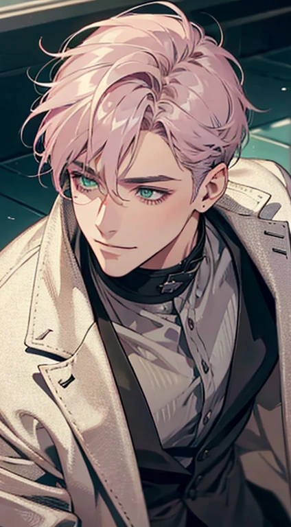 a mature man with short grey pink hair, green eyes, 31 years, and a perfect face, smiling in love, CEO, cinematic lighting, 1:4 HDR image, top view, ultra detailed, best quality, masterpiece, 8K, photorealistic, beautiful image