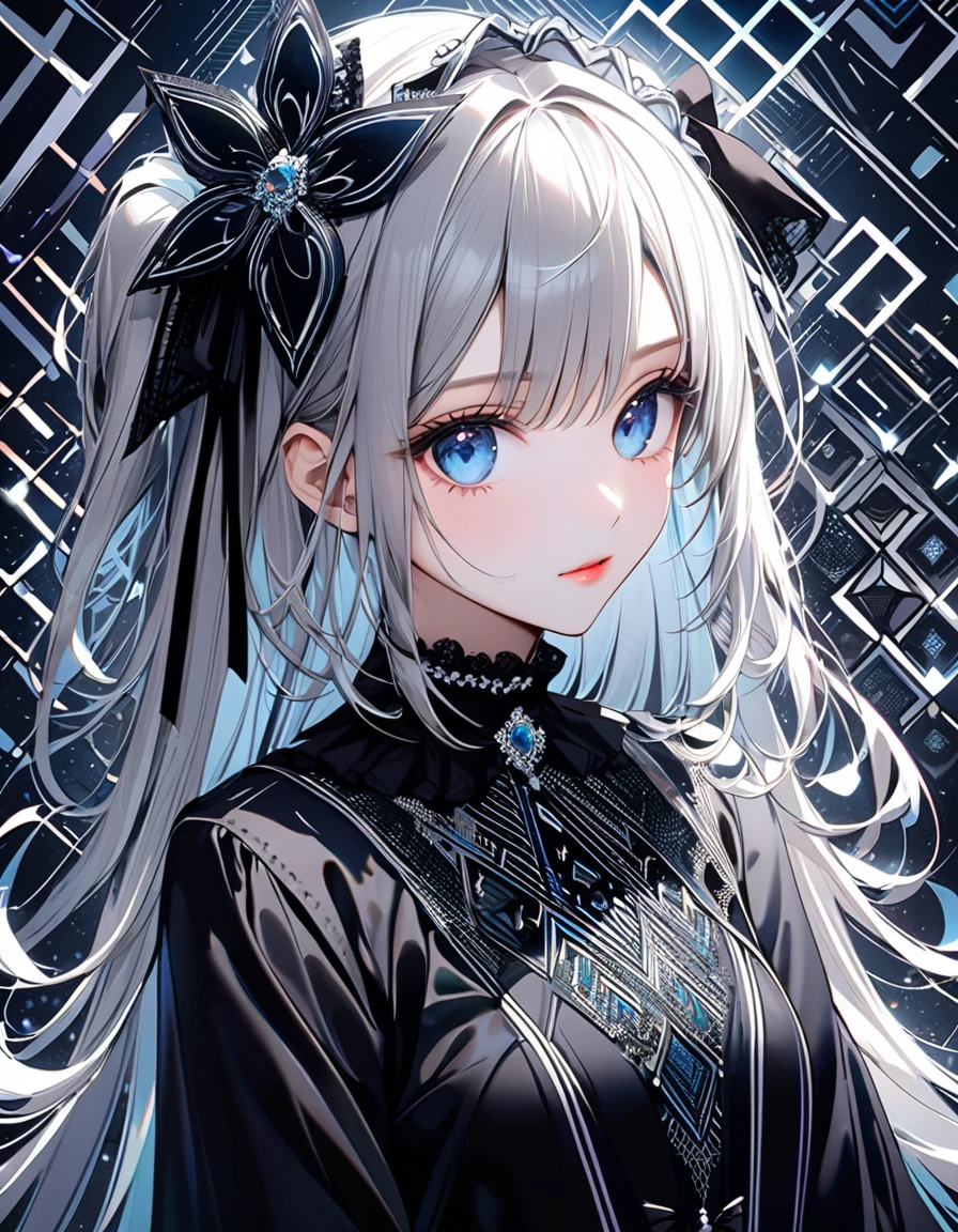 (digital art:0.2),(geometric art:1.7),(top-quality),(masterpiece),Delicately drawn face,girl with a pretty face,beautiful detailed blue eyes,Gothic Lolita Fashion,((Black and white costume)),(Beautiful silky silver hair:1.2),black ribbon hair ornament,Film Lighting,abstract,a beautiful artistic illustration,geometric background