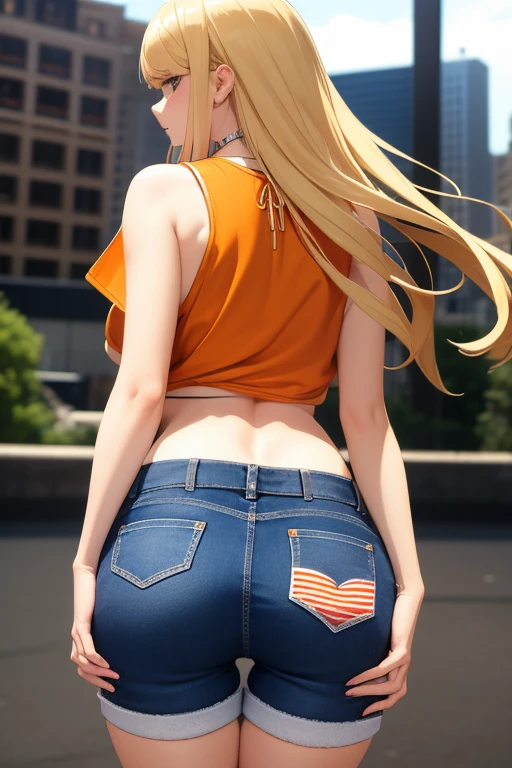Draw Samantha, a blonde female character with long hair down to her waist wearing shorts and ripped jeans and an orange cropped top. She has small breasts and a very delicious big perky ass. View from the back looking back with the little finger in the mouth in a sexy position. Bottom-up perspective with the ass facing the viewer. Public square senate. ripped blue denim shorts.