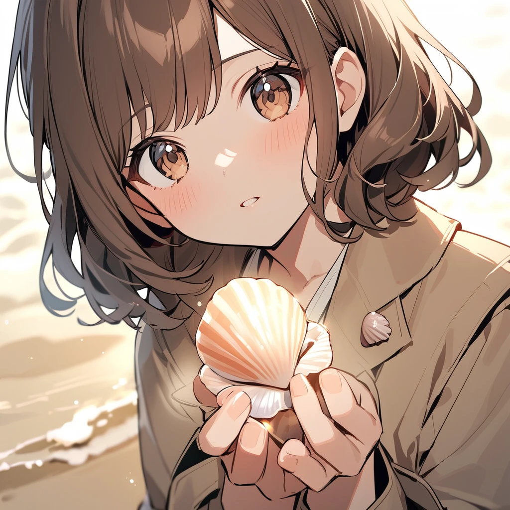 A girl with wavy brown bob hair wearing a dark beige coat. A beautiful shining seashell.