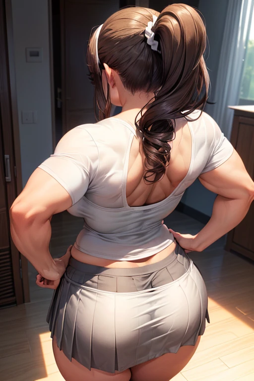 Pretty young girl, brown hair,beautiful long low ponytail hairstyle, (tight grey skirt and tight white bikini , short sleeve,,(slouch),(reisalin stout),(wide muscles),((sexy voluptuous body),((sexy back view)),(walking at room),(sexy body flexes)