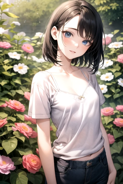 ((Highest quality)), ((masterpiece)), (detailed), ((small breasts))、garden、20-year-old woman、She is casual((Short sleeve knit))Wearing、Long cardigan x wide pants + camisole、short sleeves、Her face is shining、Medium Hair、Black Hair、((Small breasts))、Deep blue eyes、Complex pupil、Intricate weaving, front、