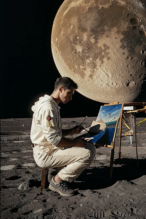 A man draws a painting while on the moon 