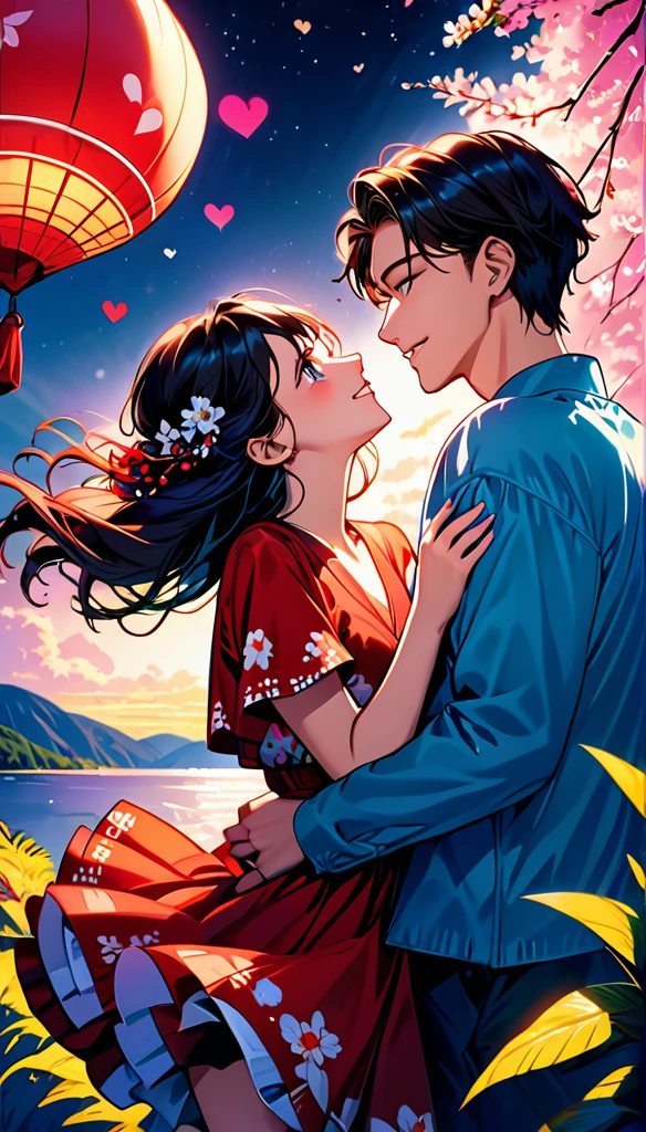 (Highest quality,Very detailed,Realistic:1.37),humor,Comic book style,Bold,Vibrant colors, Close to cool colors,Desaturate,Beautiful night view, A girl and a boy, Fun couple, Laughter, floating love,