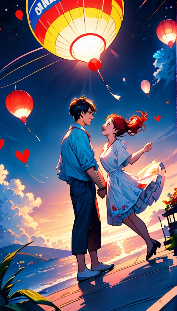 (Highest quality,Very detailed,Realistic:1.37),humor,Comic book style,Bold,Vibrant colors, Close to cool colors,Desaturate,Beautiful night view, A girl and a boy, Fun couple, Laughter, floating love,