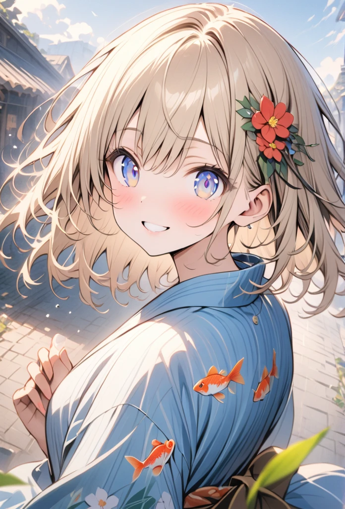 フラットライン、anime、anime調、デジタルanimeアート、Flat Design,(masterpiece:1.2)、Depth of written boundary、Photo、Back blur、sense of distance、high quality、High resolution、Very detailed、(Amazingly absurd:1.2)、(frogs eye view),Festival Venue、Girl in Yukata、Goldfish pattern yukata、Shot、Pose with arms outstretched、tracing、Bright smile、hair ornaments