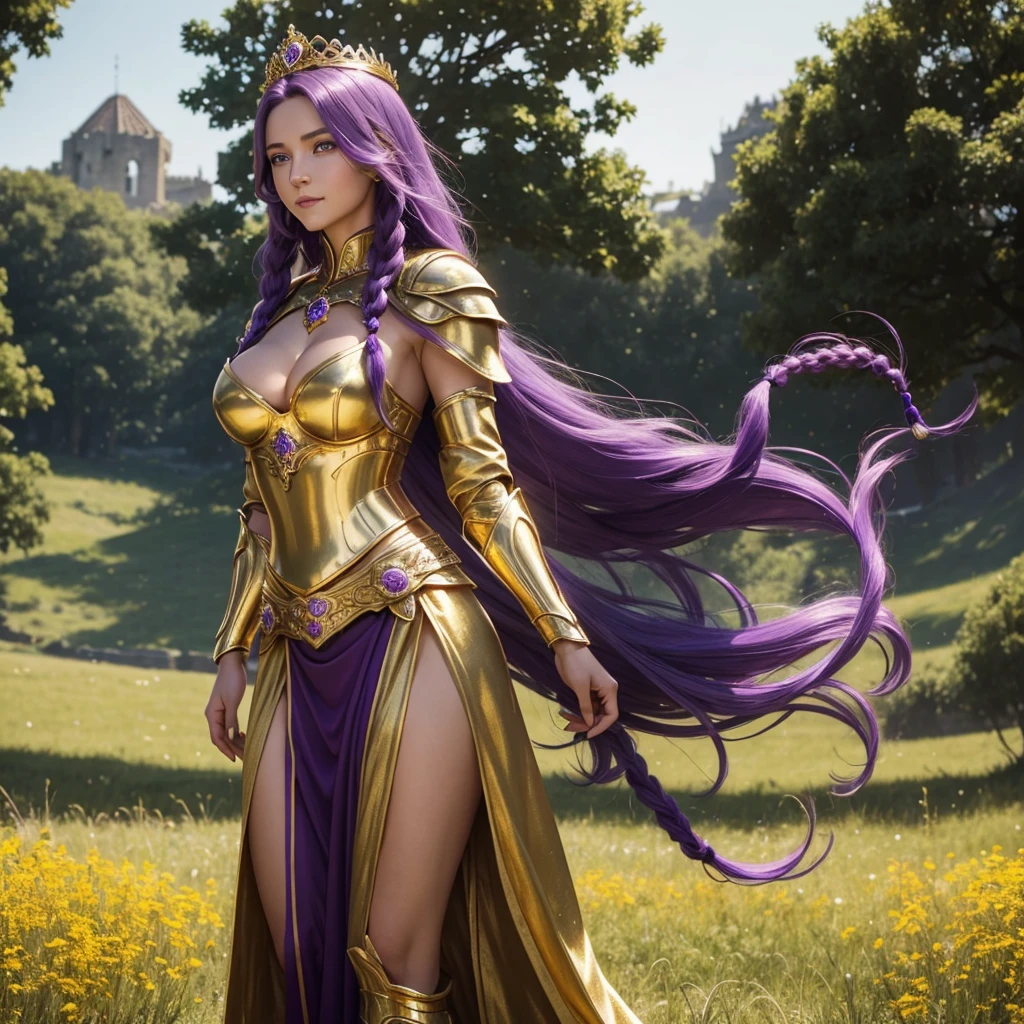 Beautiful Caucasian woman. Just a woman. Alone. One character. Queen. Medieval western woman. Long hair with 1 braid. Purple hair. Bright purple eyes. Warrior woman. Beautiful woman. Fit body. Round breasts. Breasts on display. She is wearing shiny gold armor with several purple details. On her head the woman has a delicate gold crown with purple jewels. The woman has a cheerful expression. Looking straight ahead. Full length portrait. She is standing in a large field during a sunny day. Dynamic light. Dynamic shadows.