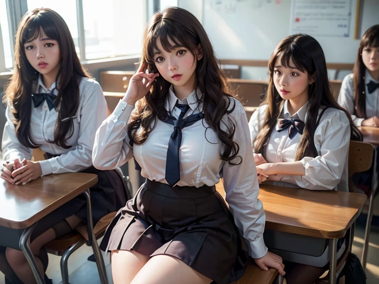 Highly detailed intricate 3D rendering of a face、(masterpiece、Highest quality、Octane Rendering, 8k , 2 girls, school uniform, seifuku, Long brown curly bangs, Classroom scene, Crowded people々, Sitting, Big Hips, Thick thighs, View mobile phones, Give the image a soft focus,