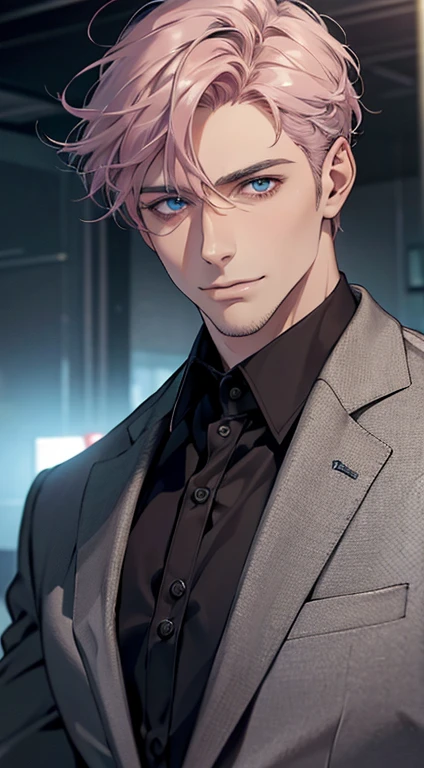(best quality,4k,8k,highres,masterpiece:1.2),ultra-detailed,(realistic,photorealistic,photo-realistic:1.37),1 man,31 years old,mature man,very handsome,without expression,smile,short grey pink hair,blue eyes,penetrating gaze,perfect face without errors,imposing posture,businessman,office background,cinematic lighting,hdr image