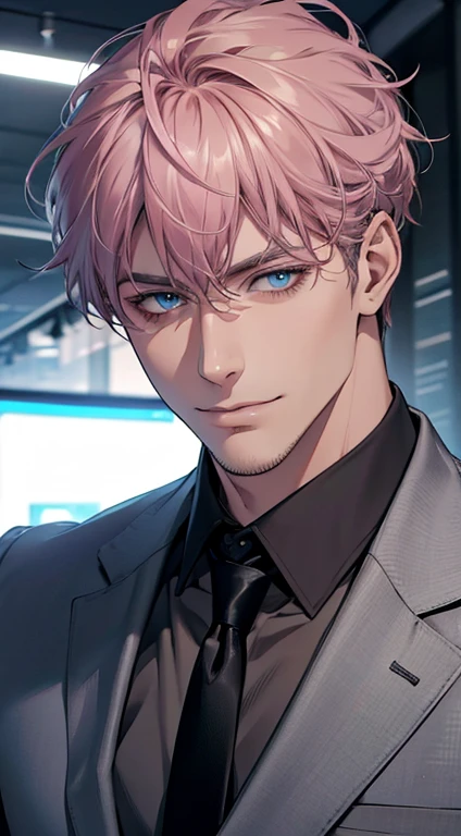 (best quality,4k,8k,highres,masterpiece:1.2),ultra-detailed,(realistic,photorealistic,photo-realistic:1.37),1 man,31 years old,mature man,very handsome,without expression,smile,short grey pink hair,blue eyes,penetrating gaze,perfect face without errors,imposing posture,businessman,office background,cinematic lighting,hdr image