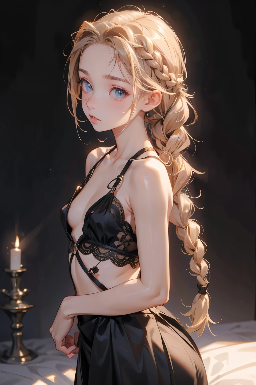 ((best quality)), ((masterpiece)), (detailed), 1girl, (big forhead:1.2),extremely detailed cute anime face, (((flat chest))), (flat chest:1.1),((((long twin braids,tight braids,long braid,braided hair,long hair)))),intricate eyes,beautiful detailed eyes,symmetrical eyes,(((detailed face))),beautiful detailed lips, looking at this, (((embarrassed))),(horrified expression),(panic),(crying),highres,(best quality),(ultra detailed,extremely detailed),perfect face details, ((masterpiece:1.4, best quality))+, (ultra detailed)+, long twintails, cute girl, (flat chest:1.1), small breasts, slim body, skinny, (narrow hips), prominent collarbones, skinny arms, flat stomach, visible hip bones, long hair, red hair, white hair, blonde hair, dark hair, ponytail, thick ponytail, heavy ponytail, small breasts, perfect face, small breasts (flat chest:1.1), NSFW, long revealing gown,Detailed body，Full limbs，(from behind), (turning), NSFW, (flat chest:1.1)