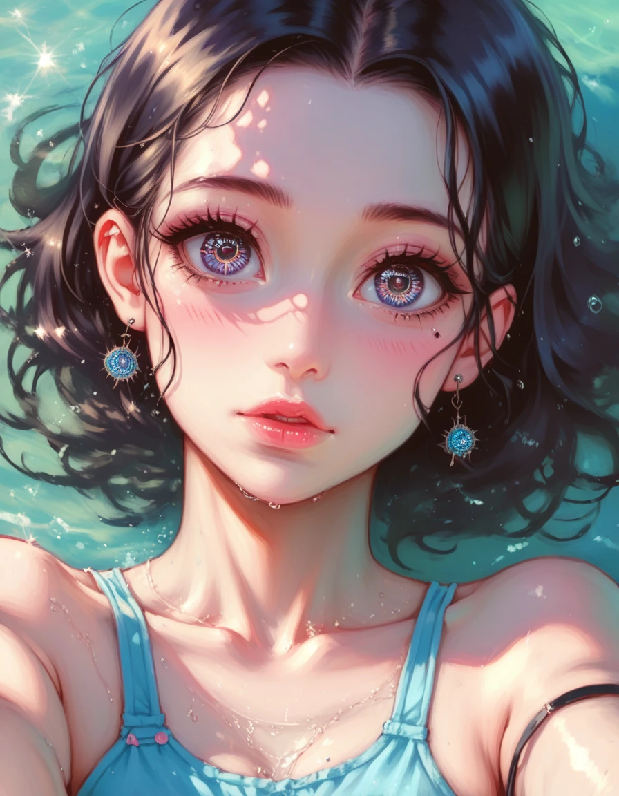 cute girl in water, playing, taking selfie, above shot, beautiful detailed eyes, beautiful detailed lips, extremely detailed eyes and face, long eyelashes, 1girl, photo, digital art, cinematic lighting, vibrant colors, highly detailed, 8k, HDR, hyper realistic, masterpiece, award winning, intricate details, photorealistic, soft lighting, warm tones