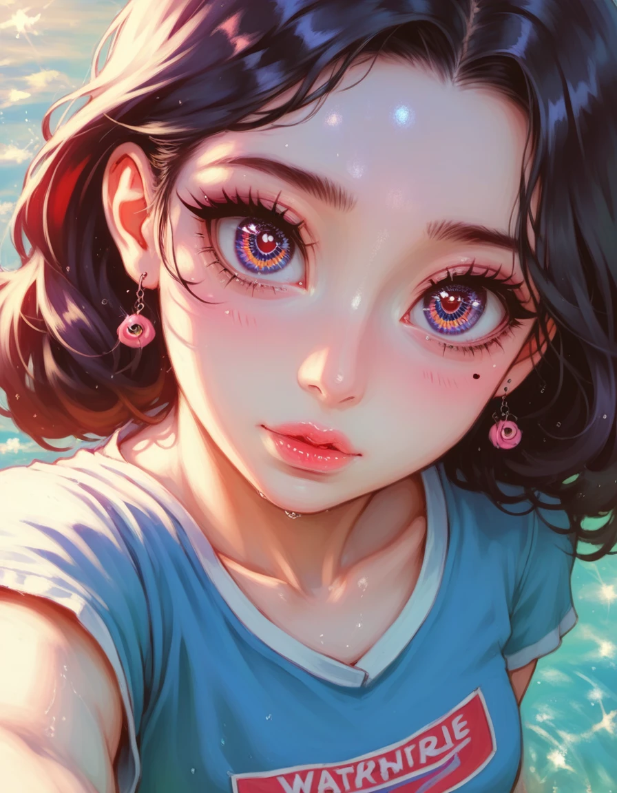 cute girl in water, playing, taking selfie, above shot, beautiful detailed eyes, beautiful detailed lips, extremely detailed eyes and face, long eyelashes, 1girl, photo, digital art, cinematic lighting, vibrant colors, highly detailed, 8k, HDR, hyper realistic, masterpiece, award winning, intricate details, photorealistic, soft lighting, warm tones