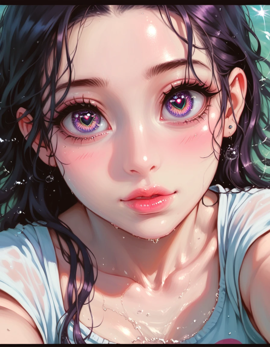 cute girl in water, playing, taking selfie, above shot, beautiful detailed eyes, beautiful detailed lips, extremely detailed eyes and face, long eyelashes, 1girl, photo, digital art, cinematic lighting, vibrant colors, highly detailed, 8k, HDR, hyper realistic, masterpiece, award winning, intricate details, photorealistic, soft lighting, warm tones