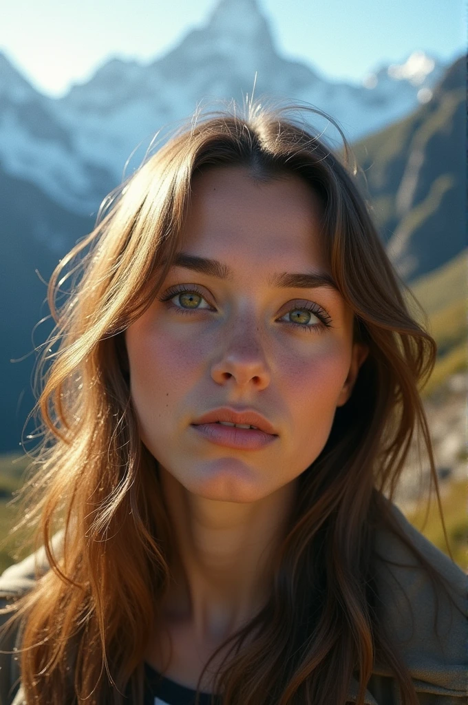 photo of a Mountains, looking at the camera, close up of face with lens aberrations, color negative, with sunlight filtering shadows on their faces, in the style of instant film, KodakT-Max 100, color negative film, add noise, grain