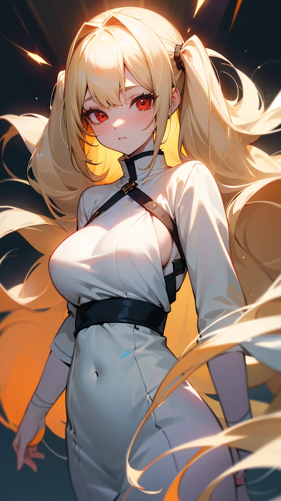 blonde hair close to white, とてもLong Hair , Bangs, High twin tails, Large Breasts, Lori,Long eyelashes, Simple Background, Character portrait, Red eyes,White Skin, From head to toe,Long Hair, Ephemeral High Resolution, White skin
