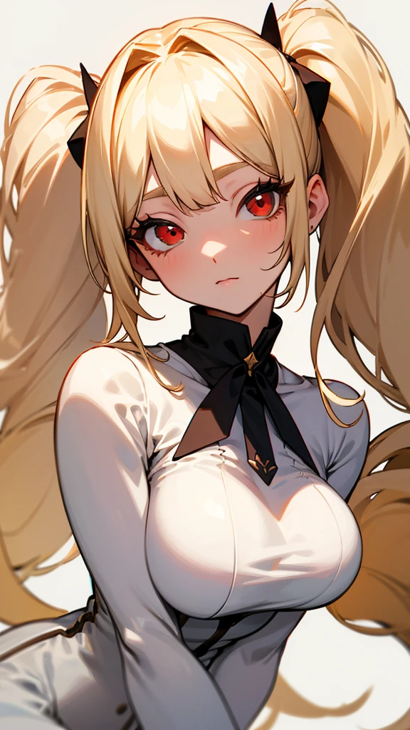 blonde hair close to white, とてもLong Hair , Bangs, High twin tails, Large Breasts, Lori,Long eyelashes, Simple Background, Character portrait, Red eyes,White Skin, From head to toe,Long Hair, Ephemeral High Resolution, White skin