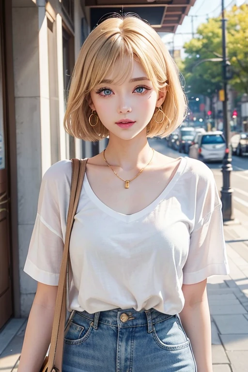 high resolution portrait、Beautiful woman in her mid twenties。Height: 168cm、Slim figure。Short bob blonde、Big Blue Eyes。The skin is clear and white。
clothing:
- Oversized white linen shirt- High waist light blue denim jeans- Beige leather sandals accessories:
- Gold hoop earrings- Thin gold chain necklace- Leather bracelet watch- Canvas tote bag makeup:
- Natural Makeup、Light pink lip background:
Urban café terrace、Bright sunshine