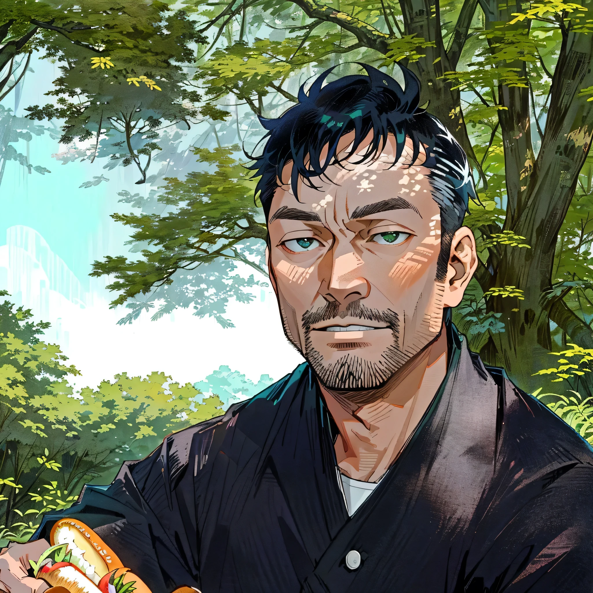 arafed man sitting in a park with a hot dog in his hand, 8k selfie photograph, about 3 5 years old, (38 years old), tomohiro shimoguchi, in karuizawa, 4 0 years old man, hideo minaba, masahiro ito, takeyuki kanda, 3 6 years oldHD, (best detail), (best quality), Two-dimensional, cartoon,