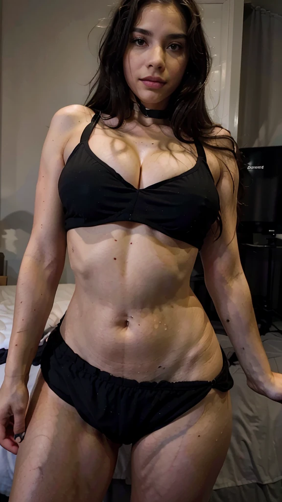 Spanish woman in her twenties, woman in 20s, black hair, long haircut, grey eyes, huge natural , wearing a croptop, black croptop, bikini bottom, bedroom, selfie, 8k, 4k, high resolution, selfie