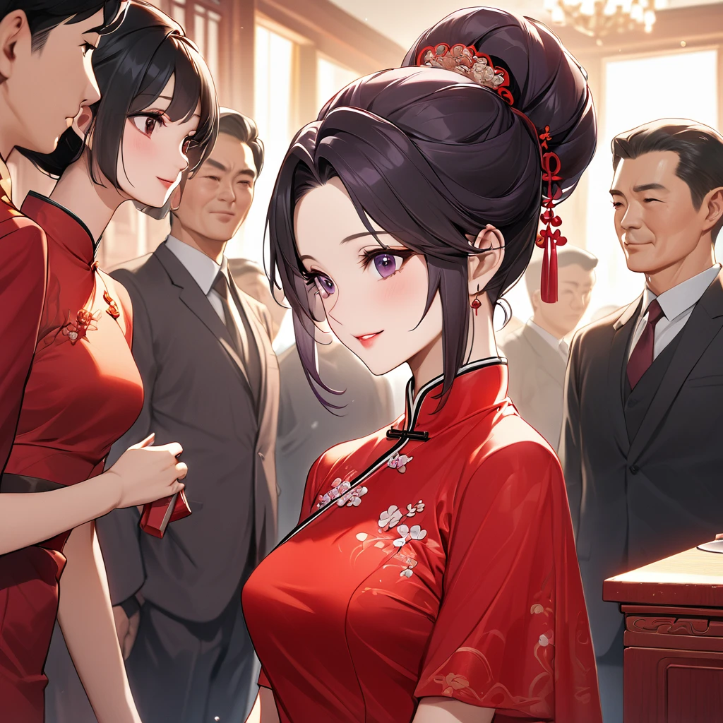 ((Highest quality)), ((masterpiece)), (detailed), (Perfect Face)、The woman is a Chinese woman named Kocho Shinobu.。, Purple gradient bob black hair and formal evening hairstyles. She is wearing an engagement ring. She is a prominent member of the Chinese Communist Party.、She is the honored wife of a great old Communist Party cadre.、The woman is beautifully dressed in a gorgeous and glamorous vintage red cheongsam, typical of the Chinese Communist Party.、An elegant Chinese lady in a posh room、A woman is a wonderful Chinese lady who loves and devotes herself to her husband, a good wife and mother, and the supreme joy of serving her husband and China is the absolutism of the Chinese Communist Party.、A happy, large family gathering, surrounded by many children born to her beloved husband, a Communist Party member