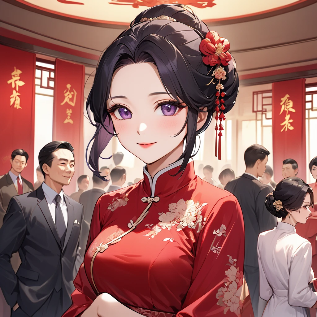 ((Highest quality)), ((masterpiece)), (detailed), (Perfect Face)、The woman is a Chinese woman named Kocho Shinobu.。, Purple gradient bob black hair and formal evening hairstyles. She is wearing an engagement ring. She is a prominent member of the Chinese Communist Party.、She is the honored wife of a great old Communist Party cadre.、The woman is beautifully dressed in a gorgeous and glamorous vintage red cheongsam, typical of the Chinese Communist Party.、An elegant Chinese lady in a posh room、A woman is a wonderful Chinese lady who loves and devotes herself to her husband, a good wife and mother, and the supreme joy of serving her husband and China is the absolutism of the Chinese Communist Party.、A happy, large family gathering, surrounded by many children born to her beloved husband, a Communist Party member