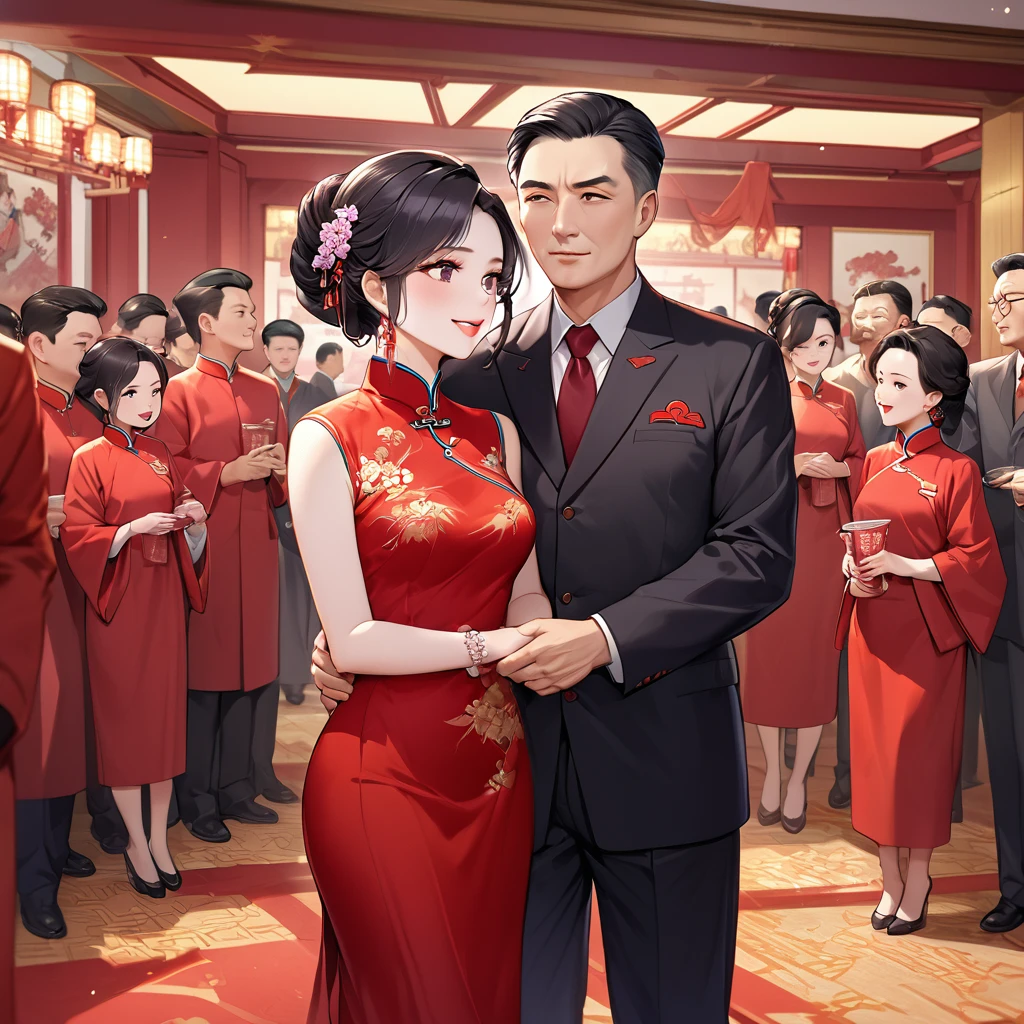 ((Highest quality)), ((masterpiece)), (detailed), (Perfect Face)、The woman is a Chinese woman named Kocho Shinobu.。, Purple gradient bob black hair and formal evening hairstyles. She is wearing an engagement ring. She is a prominent member of the Chinese Communist Party.、She is the honored wife of a great old Communist Party cadre.、The woman is beautifully dressed in a gorgeous and glamorous vintage red cheongsam, typical of the Chinese Communist Party.、An elegant Chinese lady in a posh room、A woman is a wonderful Chinese lady who loves and devotes herself to her husband, a good wife and mother, and the supreme joy of serving her husband and China is the absolutism of the Chinese Communist Party.、A happy, large family gathering, surrounded by many children born to her beloved husband, a Communist Party member