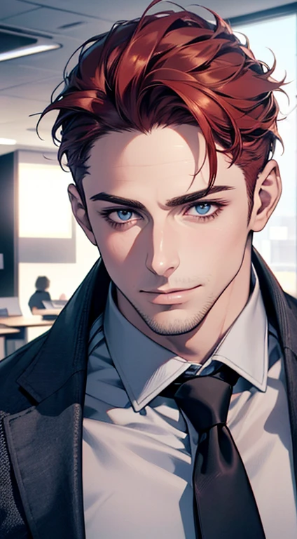 (best quality,4k,8k,highres,masterpiece:1.2),ultra-detailed,(realistic,photorealistic,photo-realistic:1.37),1 man,31 years old,mature man,very handsome,without expression,smile,short grey red hair,blue eyes,penetrating gaze,perfect face without errors,imposing posture,businessman,office background,cinematic lighting,hdr image