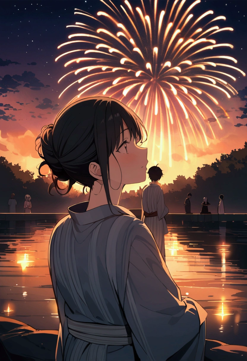 ((Highest quality)), ((masterpiece)), (detailed), Anime Style,Men and women in yukatas look up at fireworks on the riverbank、Fireworks in the summer night sky、Our faces were illuminated by the light of the fireworks、The moment a man approaches a woman、The background is a starry sky and a river、The back of two people、Sweet atmosphere、Sad expression、Throb
