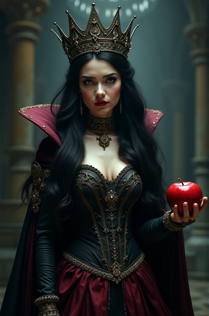 girl,black long hair,Black queen,Accessories,An apple in your hand,poisonous apples,Queen Witch,Red lipstick