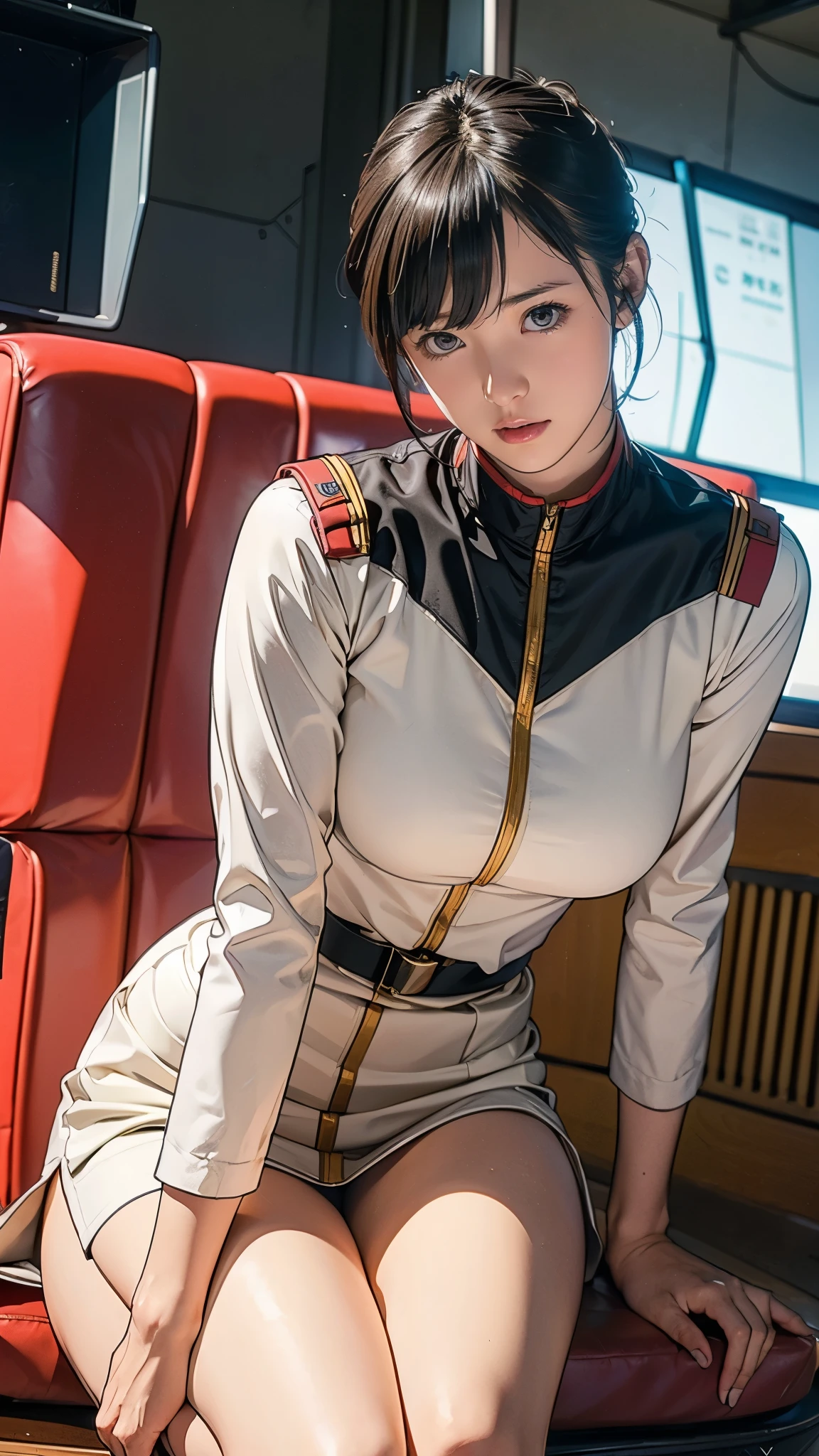 -yeld giEarth Federation Operator Girl Soldier、Black short hair、Large Breasts、Cute like an idol、Childish face and appearance、Operator intercom mounted on head、Accurately drawn faces、thin、健康的なKnee-lengthスカート風の地球連邦軍、Knee-length、Inside the bridge of a battleship、Low angle shot、Anatomically correct、Accurate Fingers、Accurate Rimbuster Piece、Photorealization