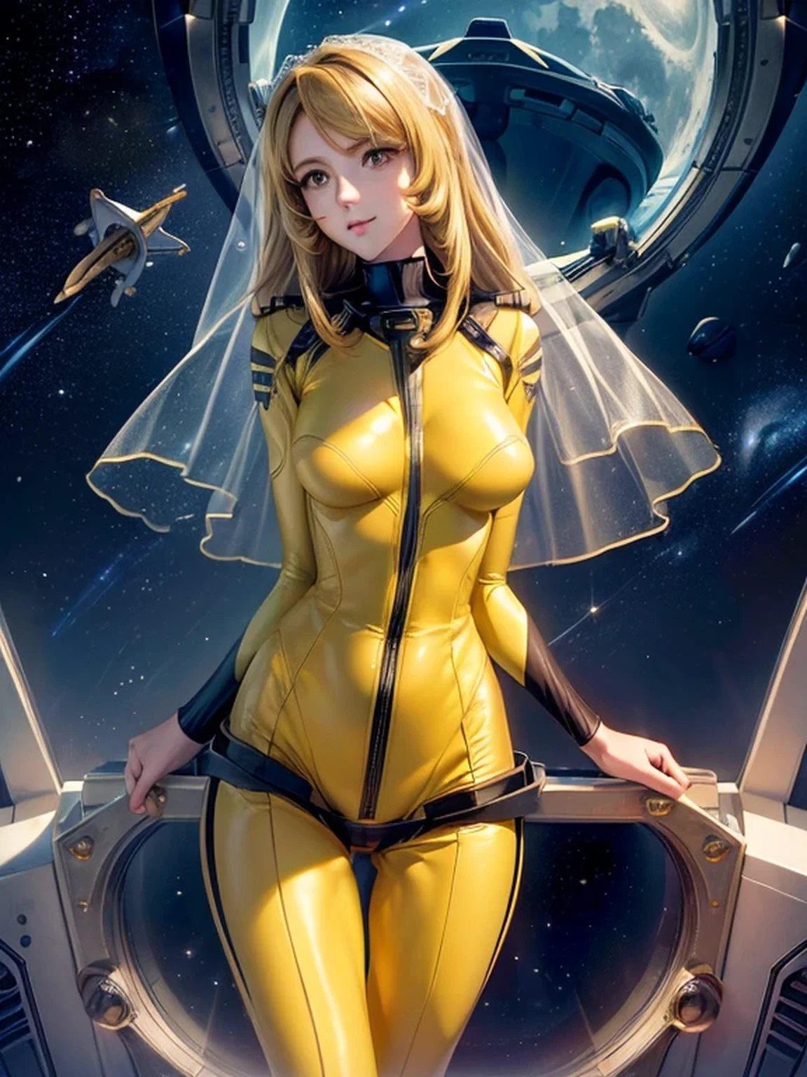 (masterpiece, best quality:1.2), (Wearing a wedding veil, marriage proposals:1.2), (cowboy shot:1.1), awesome solo, 1girl, mori yuki, slight smile, closed mouth, looking at viewer, blonde hair, thigh gap, (skin tight yellow bodysuit:1.4), leaning forward, yellow bodysuit, skin tight, belt, Elegant body, (large starship porthole:1.3), from front, (spread legs:1.1), ((Weightlessness, Floating in the air:1.2)), starship interior, (outer space view:1.3), (night, beautiful moon:1.4, stary sky:1.3), milky way, (((very beautiful view of space:1.3))), high quality texture