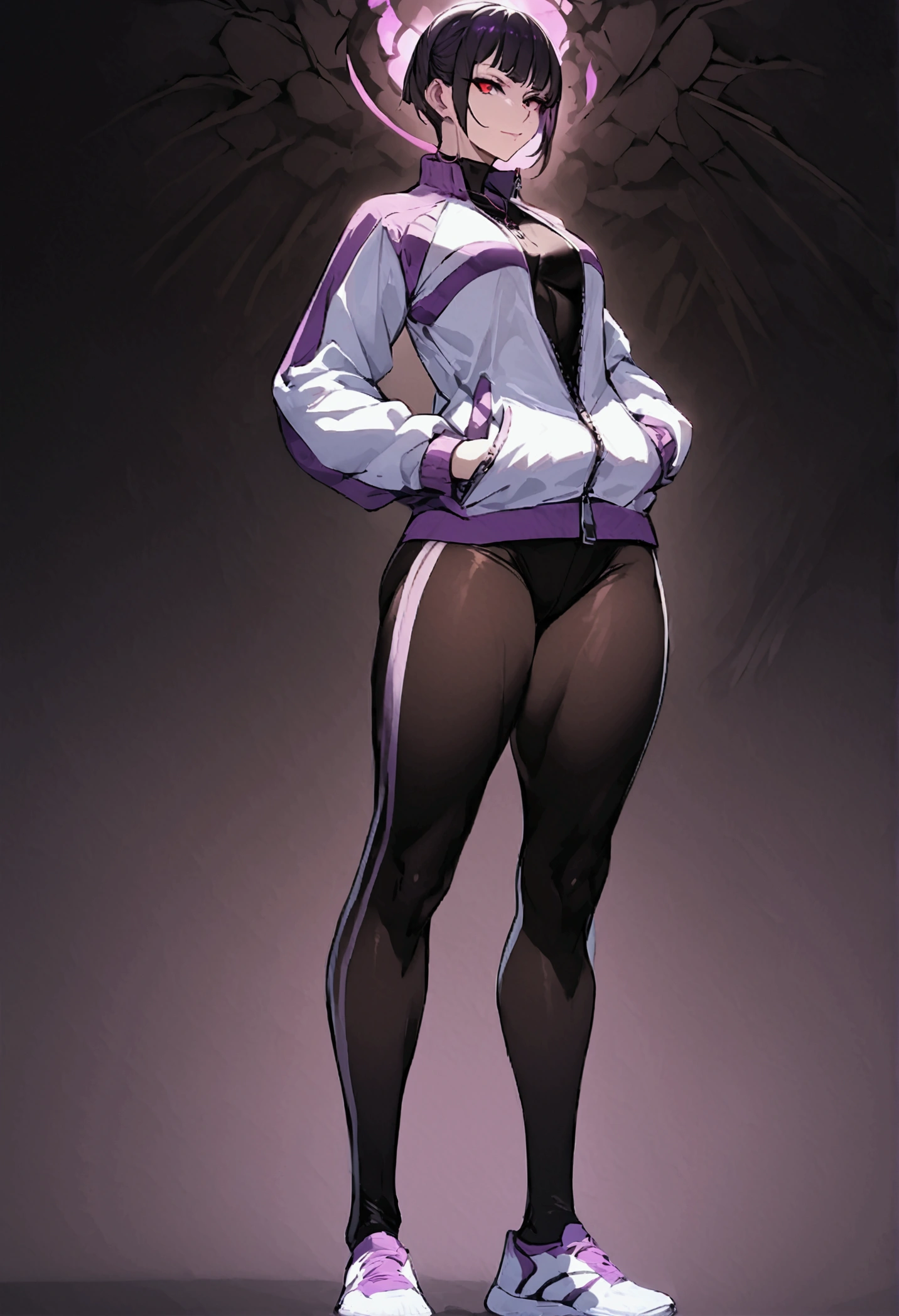 beautiful young fitness woman with , in a gym wearing May with black pantyhose, tight white and purple gym jacket. standing alone,red eyes glowing,Evil smile,legging preto ,labiaa,dark eye shadow,shining eyes,hands in our pockets,neckleace,jacket zipper half open,Tight black shirt,white sports tennis shoes,short hair with purple details,beautiful curves,whole body,hair with purple details,labiaa,detailed face and eyes,work of art
