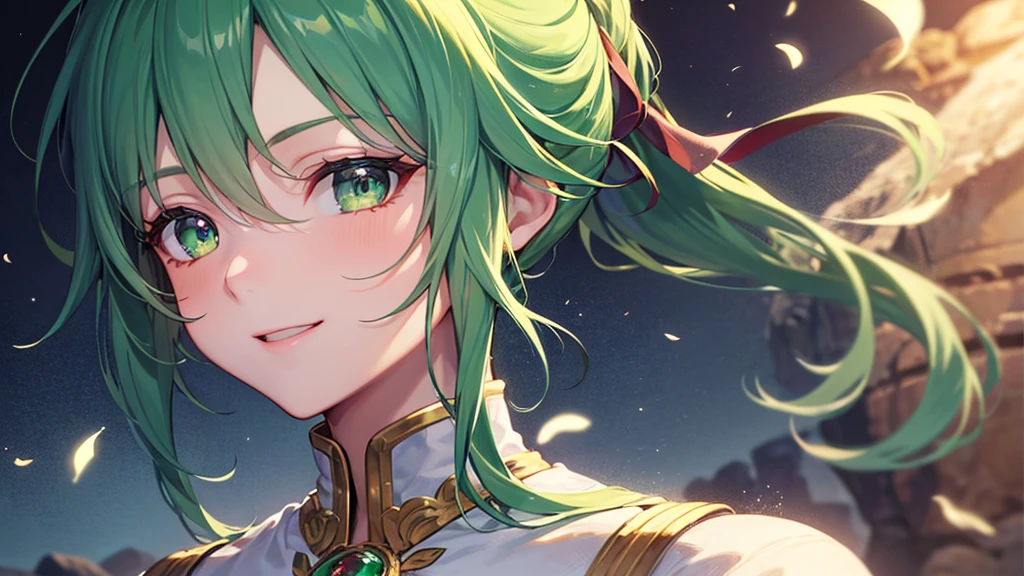 Highest quality, 8k, 4K, High resolution, High Contrast,1girl,only,Beautiful green hair, ponytail,(Beautifully detailed face), Green clear eyes, beautiful eyes, Happy expression, Moderate bust, 20generation, Emerald, Beautiful Gems, Precise and beautiful scenery, Beautiful plains, virtuoso