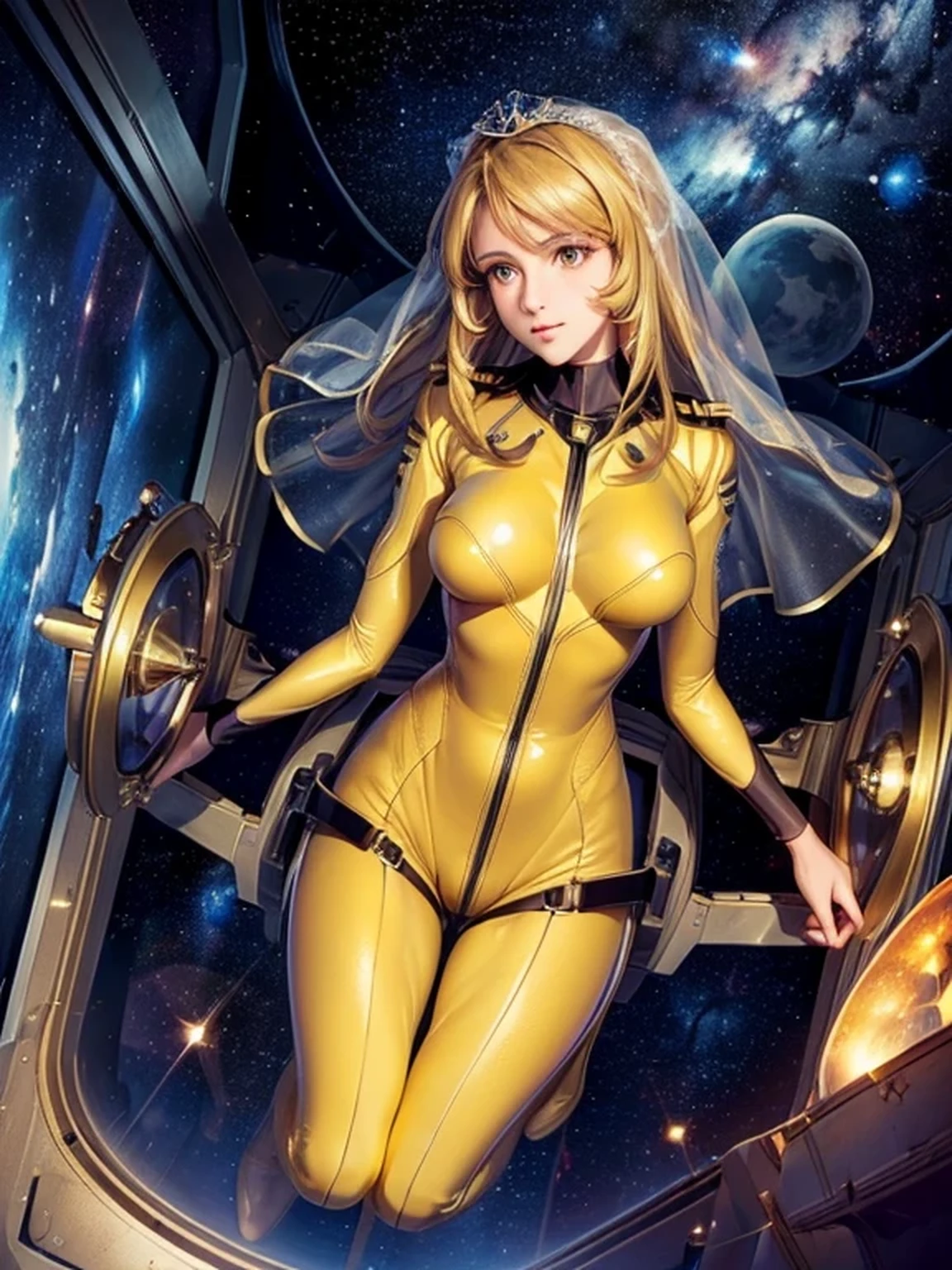 (masterpiece, best quality:1.2), (Wearing a wedding veil, marriage proposals:1.2), (cowboy shot:1.1), awesome solo, 1girl, mori yuki, slight smile, closed mouth, looking at viewer, blonde hair, thigh gap, (skin tight yellow bodysuit:1.4), leaning forward, yellow bodysuit, skin tight, belt, Elegant body, (large starship porthole:1.3), from front, (spread legs:1.1), ((Weightlessness, Floating in the air:1.2)), starship interior, (outer space view:1.3), (night, beautiful moon:1.4, stary sky:1.3), milky way, (((very beautiful view of space:1.3))), high quality texture