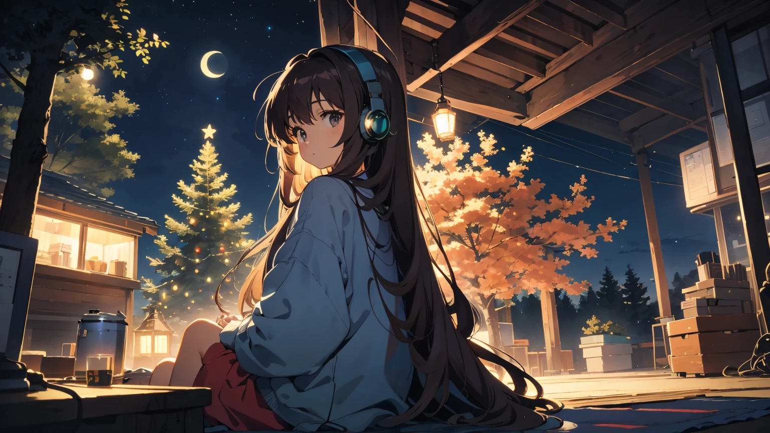 official art, unity 8k wallpaper, ultra detailed, beautiful and aesthetic, beautiful, masterpiece, best quality, a lofi relaxed girl with headphones sitting on the floor , back view, holiday vibe, night, long hair, brunette, cozy, beautiful, with a tall tree, cozy setting,